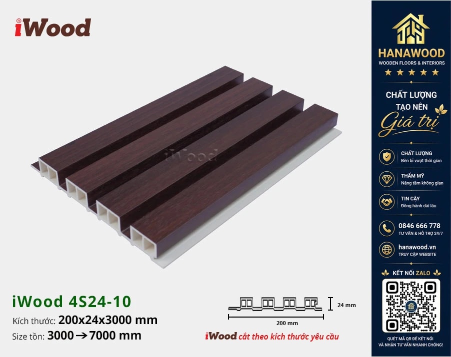 Tấm Nhựa Ốp Tường Lam 4 Sóng Cao Giả Gỗ iWood 4S24-10 trọng lượng nhẹ thi công nhanh