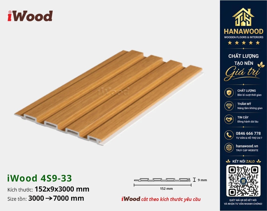 Tấm Nhựa Ốp Tường Lam 4 Sóng Giả Gỗ iWood 4S9-33 màu sắc tươi sáng sang trọng