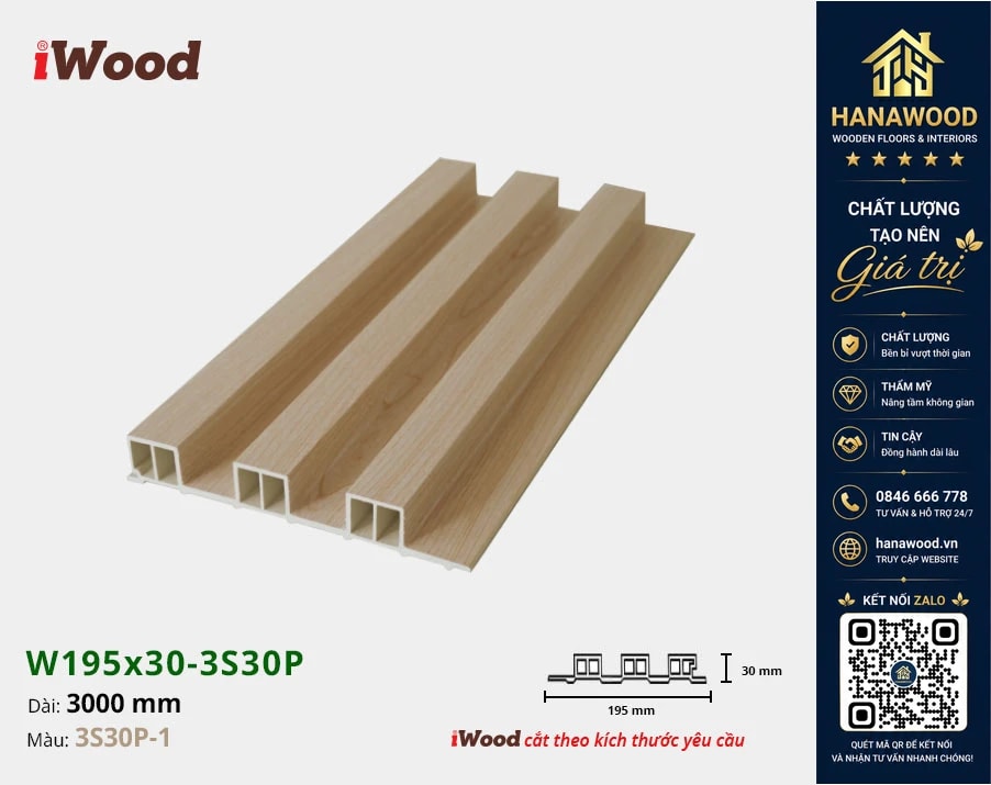 Tấm Nhựa Ốp Tường Lam 3 Sóng Cao Giả Gỗ iWood 3S30P-1 chống ẩm mốc không cong vênh