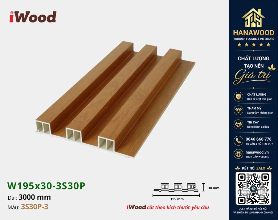 Tấm Nhựa Ốp Tường Lam 3 Sóng Cao Giả Gỗ iWood 3S30P-3 bề mặt phủ film vân gỗ chống bám bụi