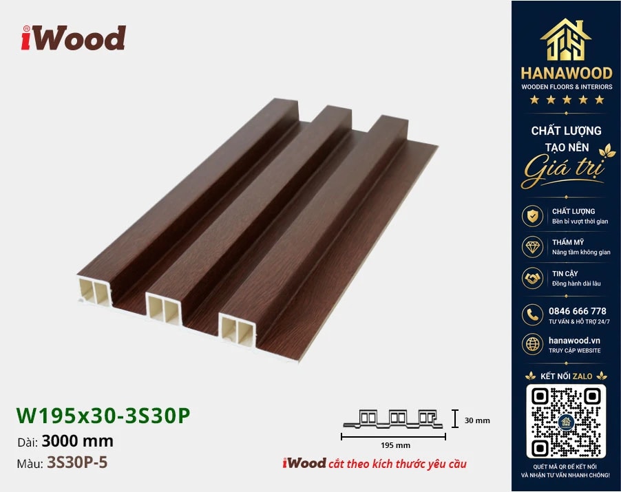 Tấm Nhựa Ốp Tường Lam 3 Sóng Cao Giả Gỗ iWood 3S30P-5 chất liệu PVC nguyên sinh chịu lực tốt