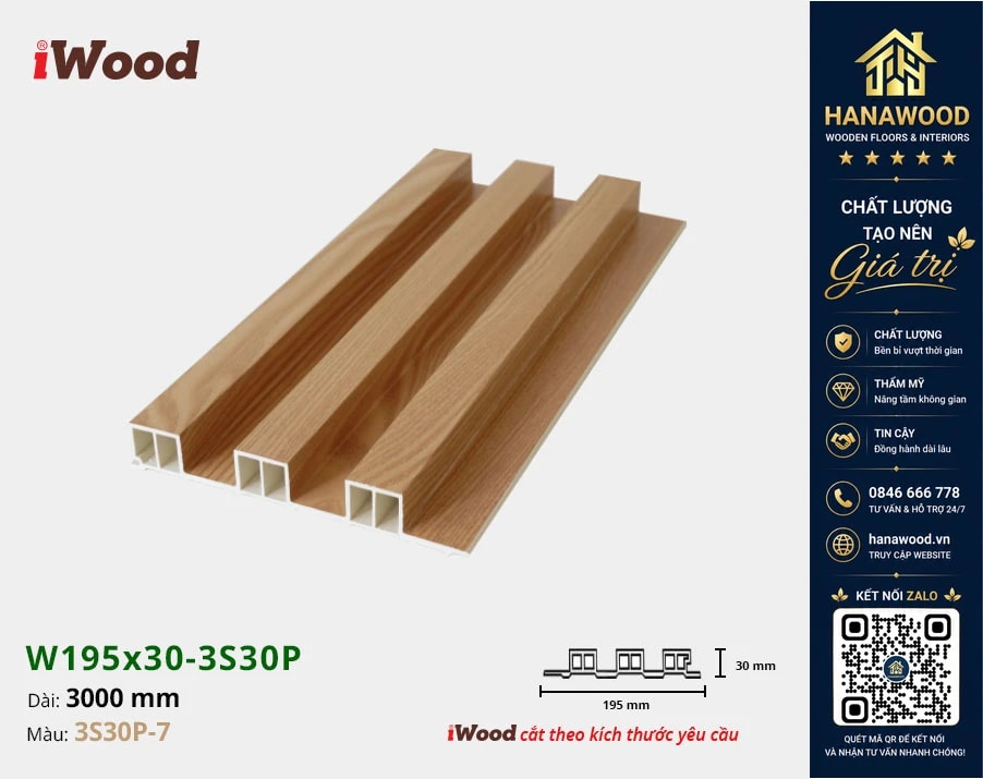 Tấm Nhựa Ốp Tường Lam 3 Sóng Cao Giả Gỗ iWood 3S30P-7 cách âm cách nhiệt hiệu quả
