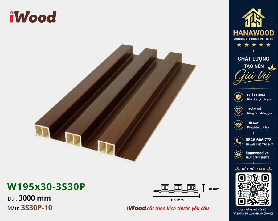 Tấm Nhựa Ốp Tường Lam 3 Sóng Cao Giả Gỗ iWood 3S30P-10 lớp phủ vân gỗ sáng đẹp bền màu lâu dài