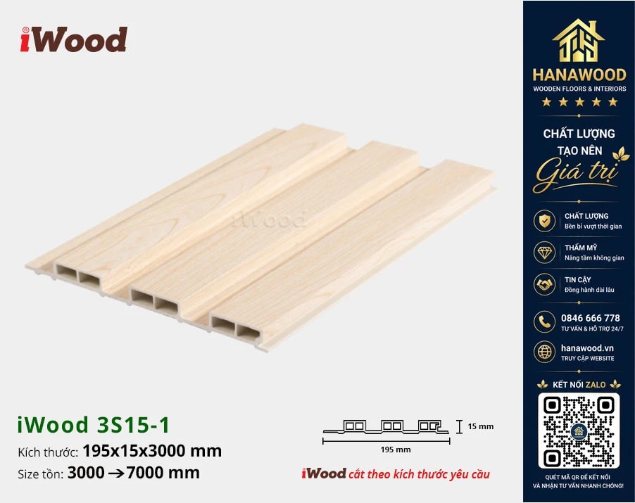 Tấm Nhựa Ốp Tường Lam 3 Sóng Giả Gỗ iWood 3S15-1 chống ẩm mốc không cong vênh