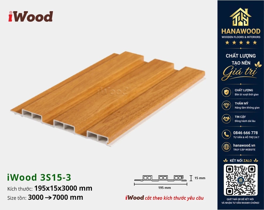 Tấm Nhựa Ốp Tường Lam 3 Sóng Giả Gỗ iWood 3S15-3 bề mặt phủ film vân gỗ chống bám bụi