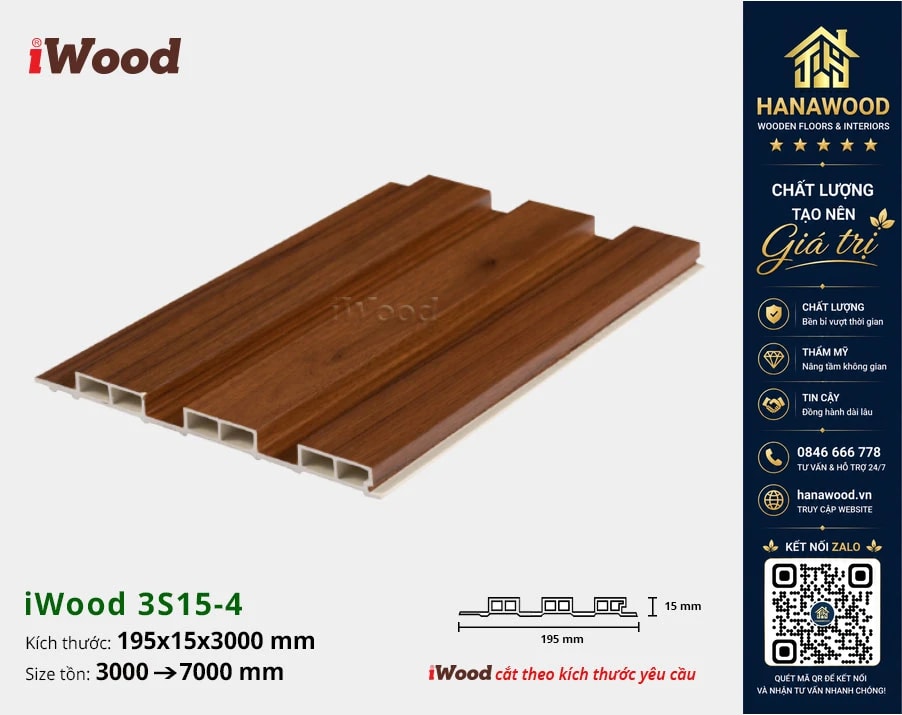 Tấm Nhựa Ốp Tường Lam 3 Sóng Giả Gỗ iWood 3S15-4 khả năng chống nước tuyệt đối