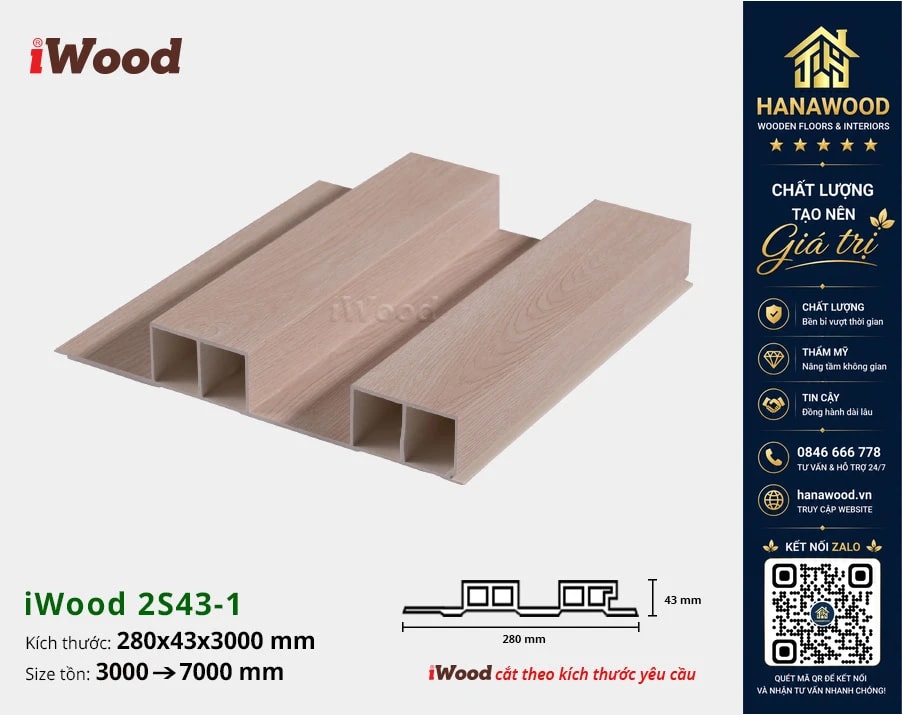 Lam 2 Sóng Cao Nhựa Giả Gỗ Ốp Tường Ốp Trần iWood 2S43-1 chống ẩm mốc không cong vênh