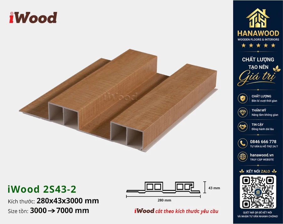 Lam 2 Sóng Cao Nhựa Giả Gỗ Ốp Tường Ốp Trần iWood 2S43-2 bề mặt phủ film vân gỗ chống bám bụi