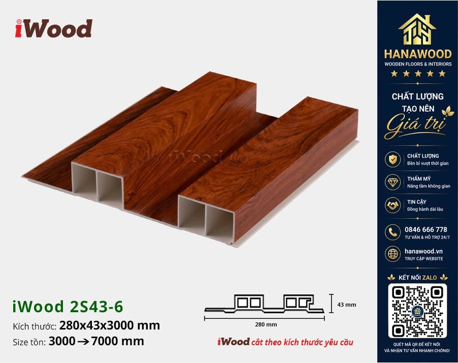 Lam 2 Sóng Cao Nhựa Giả Gỗ Ốp Tường Ốp Trần iWood 2S43-6 chất liệu PVC cao cấp chịu lực tốt