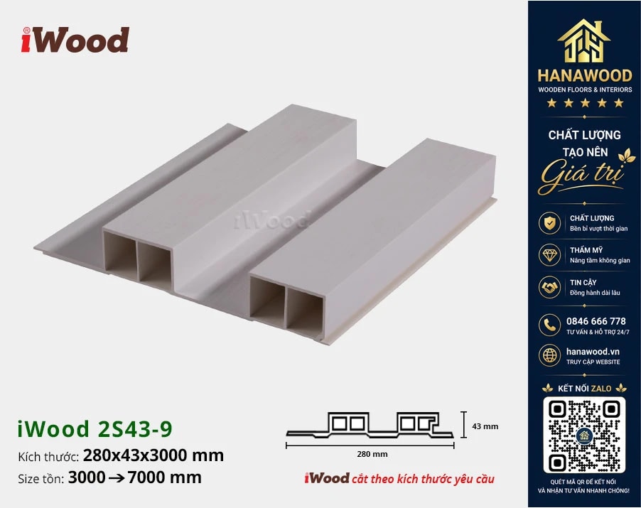 Lam 2 Sóng Cao Nhựa Giả Gỗ Ốp Tường Ốp Trần iWood 2S43-9 tông màu mộc mạc không bám bụi