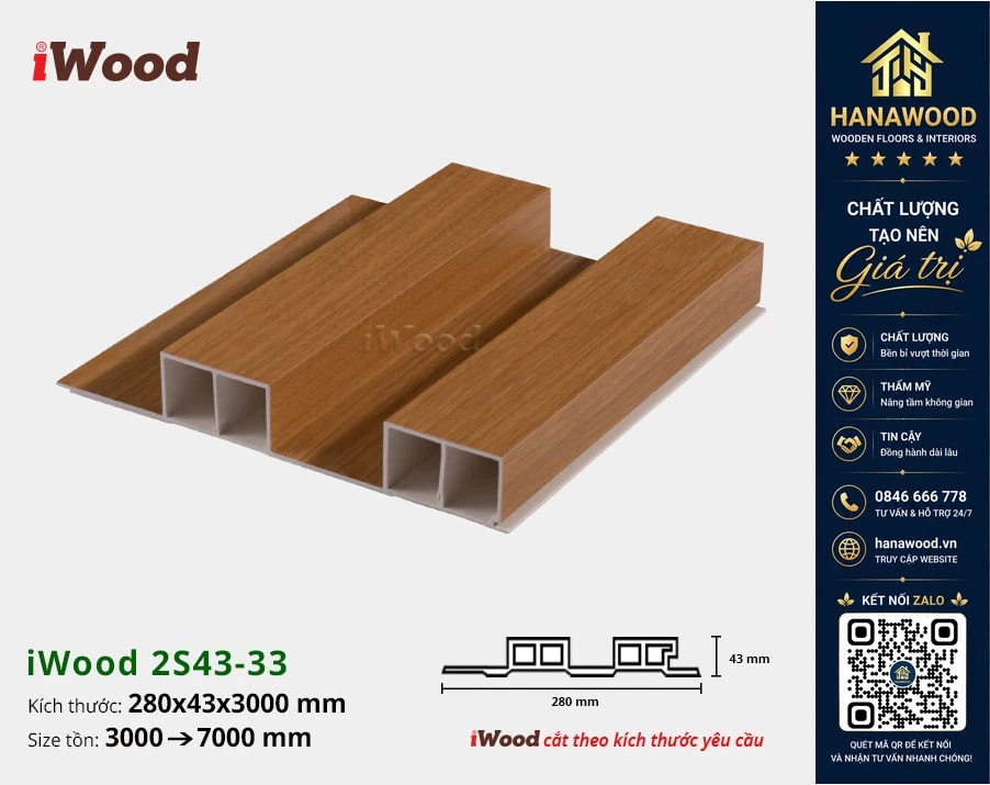 Lam 2 Sóng Cao Nhựa Giả Gỗ Ốp Tường Ốp Trần iWood 2S43-33 cách âm cách nhiệt hiệu quả