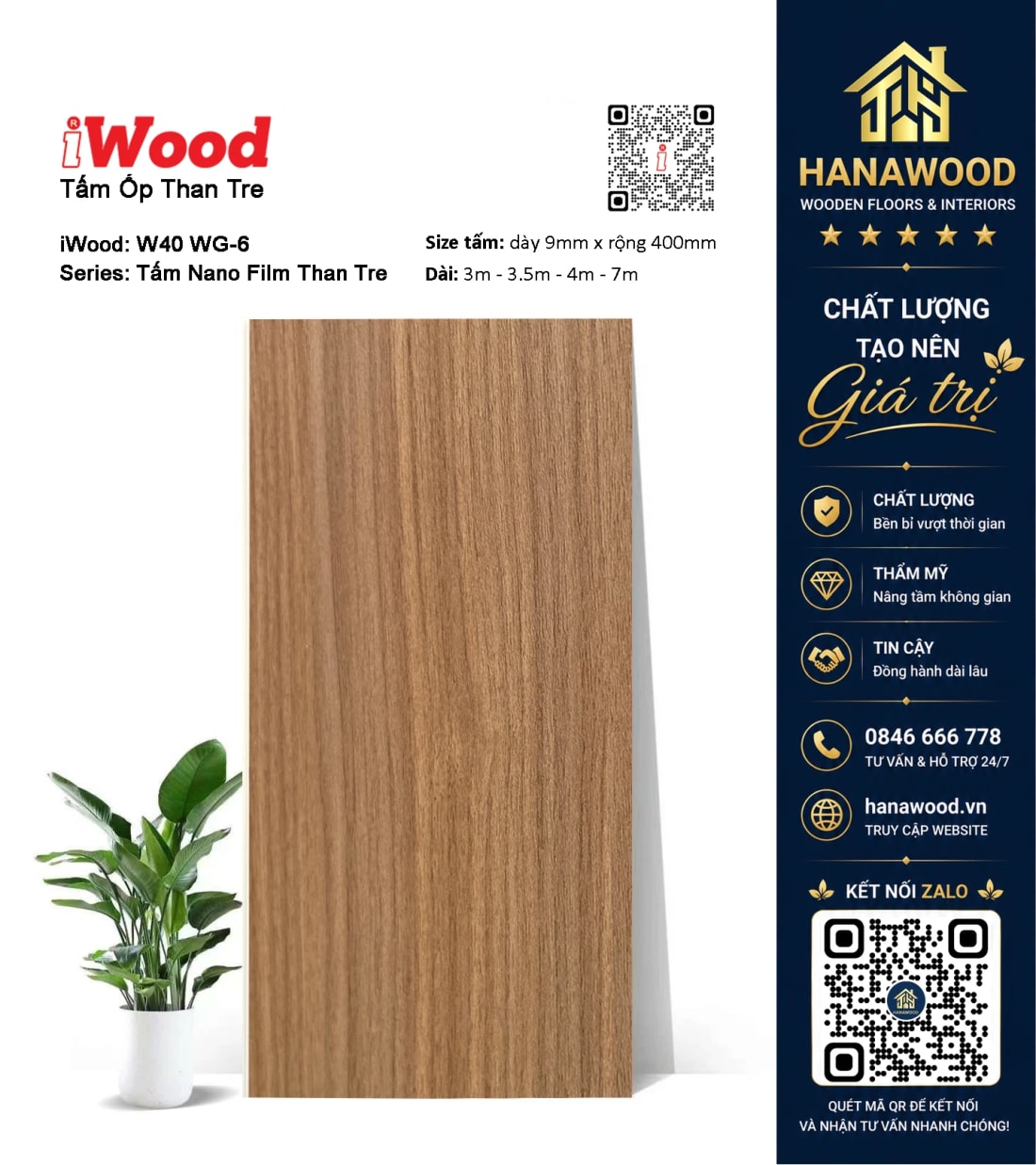 Tấm Than Tre Đa Năng Vân Gỗ Tự Nhiên Óc Chó iWood WG-6 sang trọng hiện đại độ bền cao