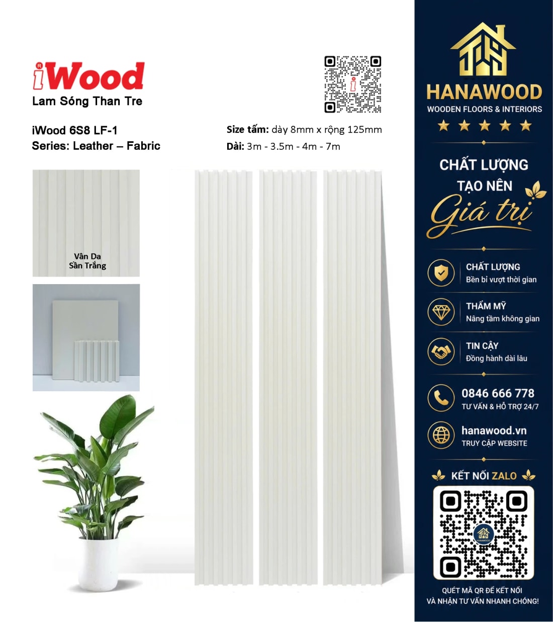 Tấm Ốp Tường Lam Sóng Than Tre Đơn Sắc Sần Trắng iWood 6S8 LF-1 chống ẩm mốc không cong vênh