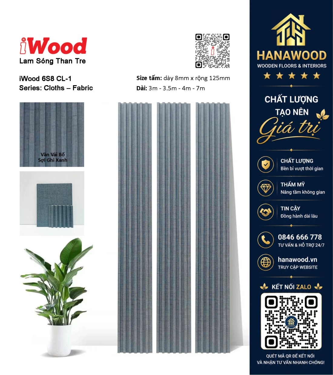 Tấm Ốp Lam Sóng Than Tre Vân Vải Bố Ghi Xanh iWood 6S8 CL-1 chất liệu cao cấp chống mối mọt