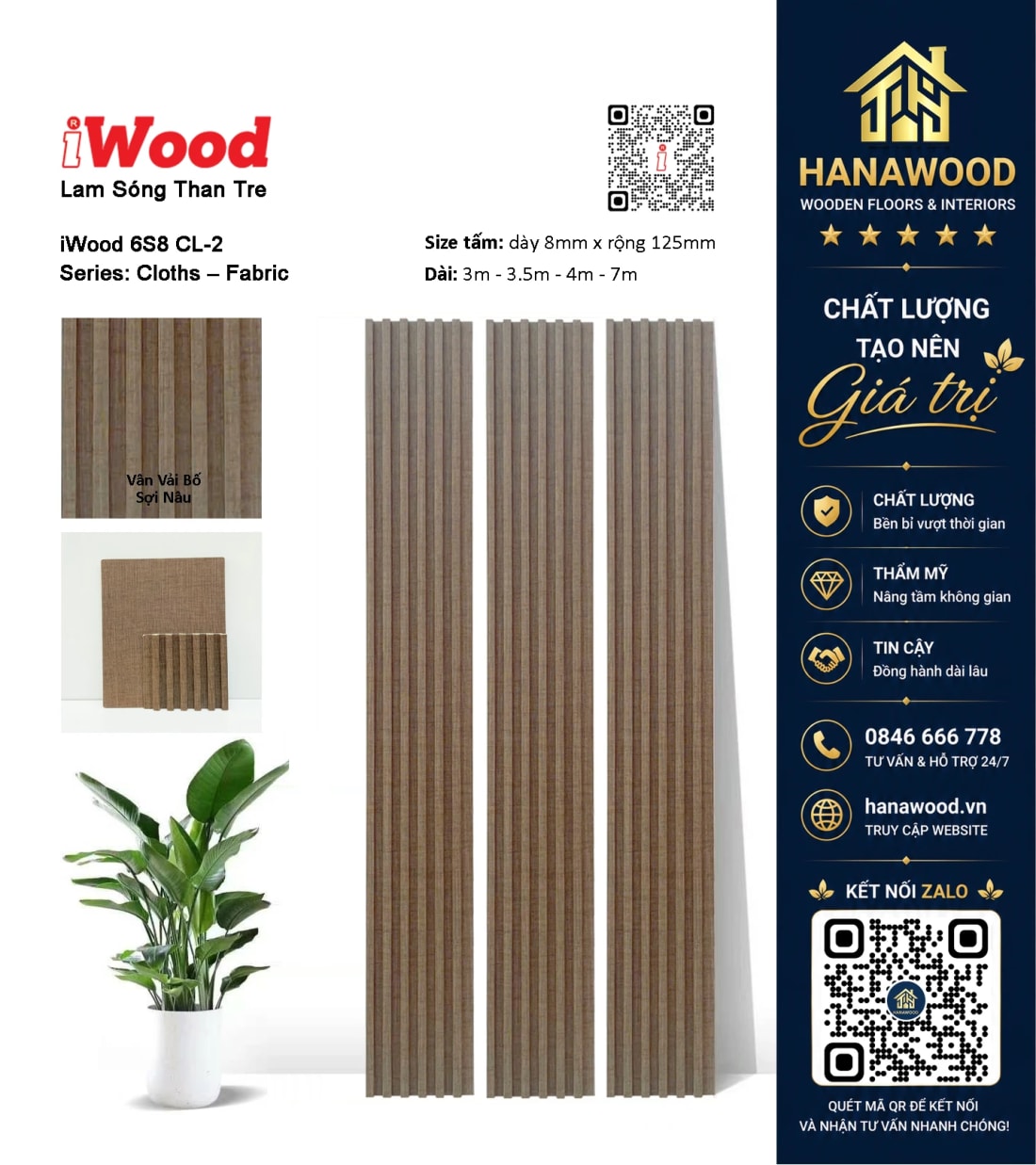 Tấm Ốp Lam Sóng Than Tre Vân Vải Bố Nâu iWood 6S8 CL-2 cách âm cách nhiệt hiệu quả