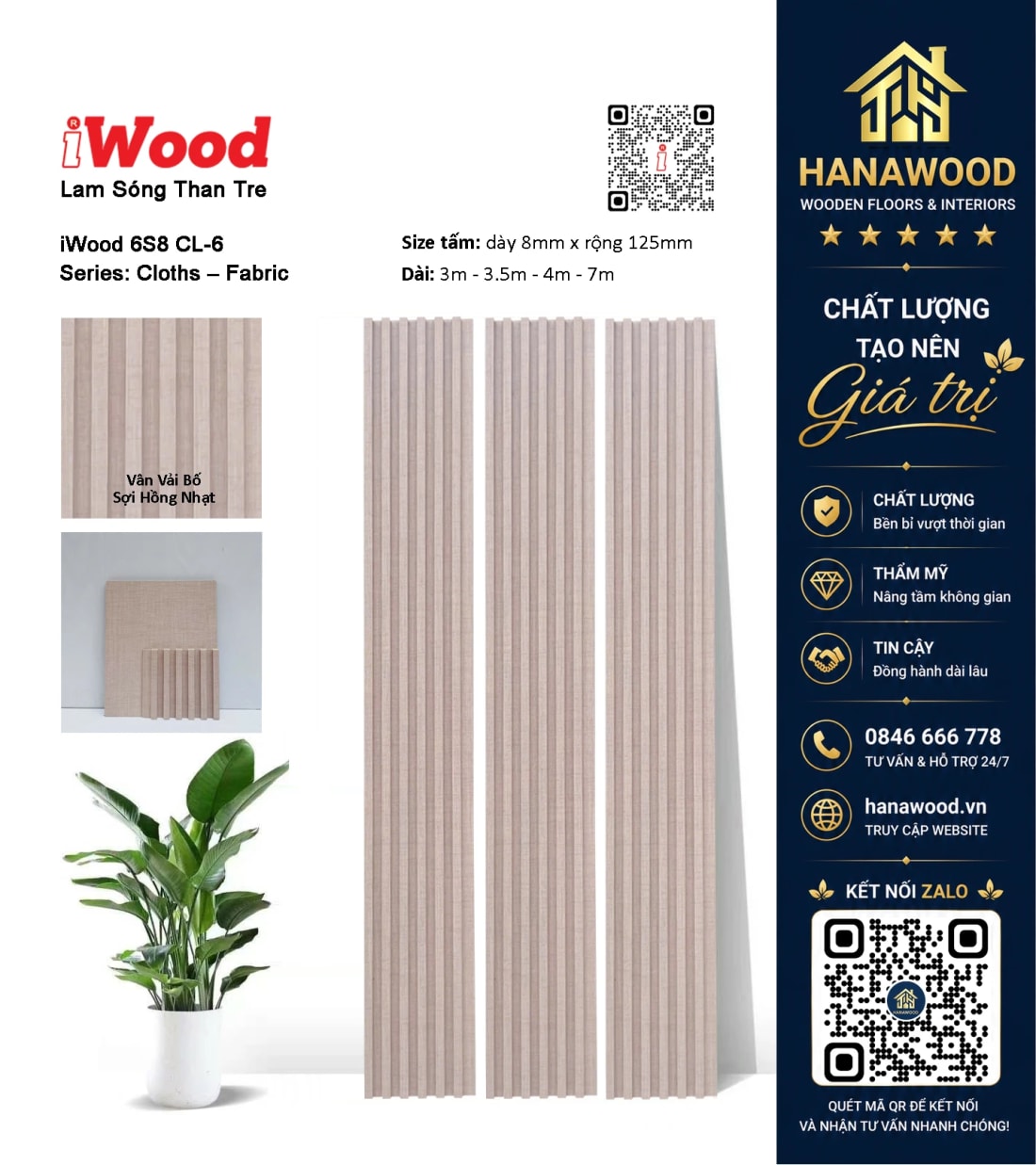 Tấm Ốp Lam Sóng Than Tre Ốp Tường Vân Vải Hồng Nhạt iWood 6S8 CL-6 màu sắc trang nhã hiện đại