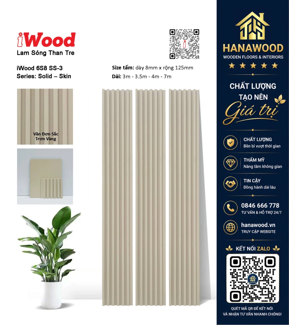 Tấm Ốp Lam Sóng Than Tre Vân Đơn Sắc Trơn Vàng iWood 6S8 SS-3 tông màu nổi bật sang trọng