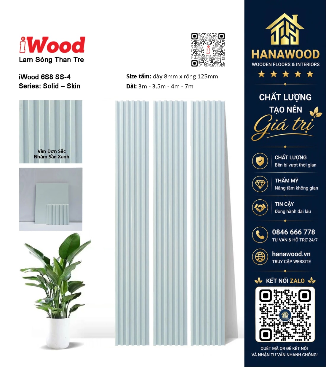 Tấm Ốp Lam Sóng Than Tre Vân Đơn Sắc Nhám Sần Xanh iWood 6S8 SS-4 màu sắc xanh hiện đại