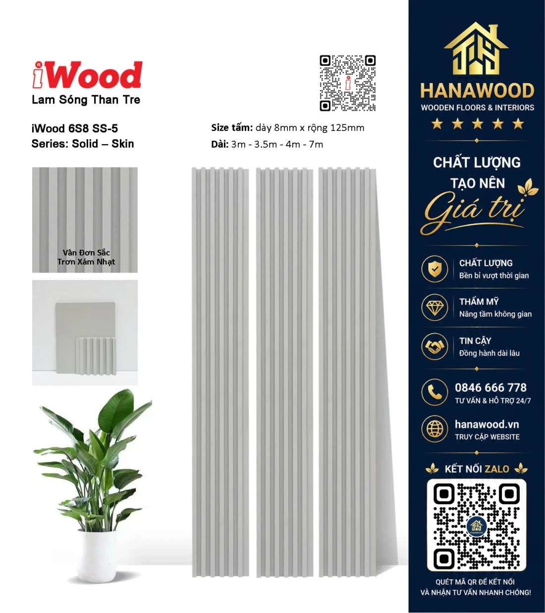 Tấm Ốp Sợi Than Tre Vân Đơn Sắc Trơn Xám Nhạt iWood 6S8 SS-5 khả năng chịu lực cao