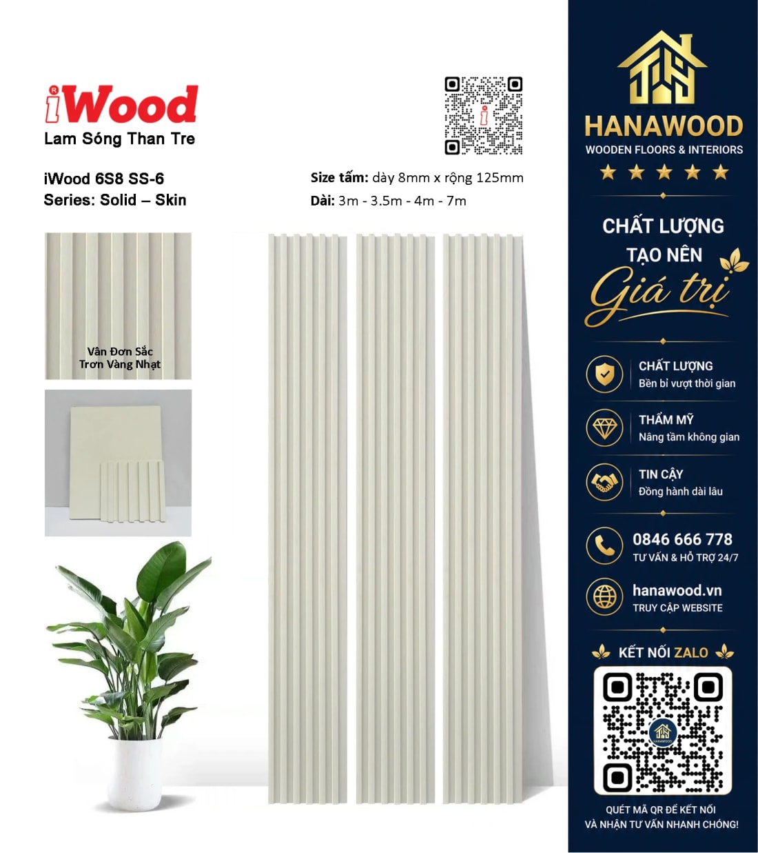 Ốp Trần Lam Sóng Than Tre Vân Đơn Sắc Trơn Vàng Nhạt iWood 6S8 SS-6 chống ẩm mốc trần nhà