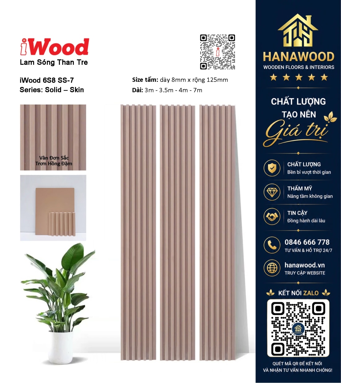 Tấm Ốp Lam Sóng Than Tre Vân Đơn Sắc Trơn Hồng Đậm iWood 6S8 SS-7 màu sắc độc đáo bắt mắt