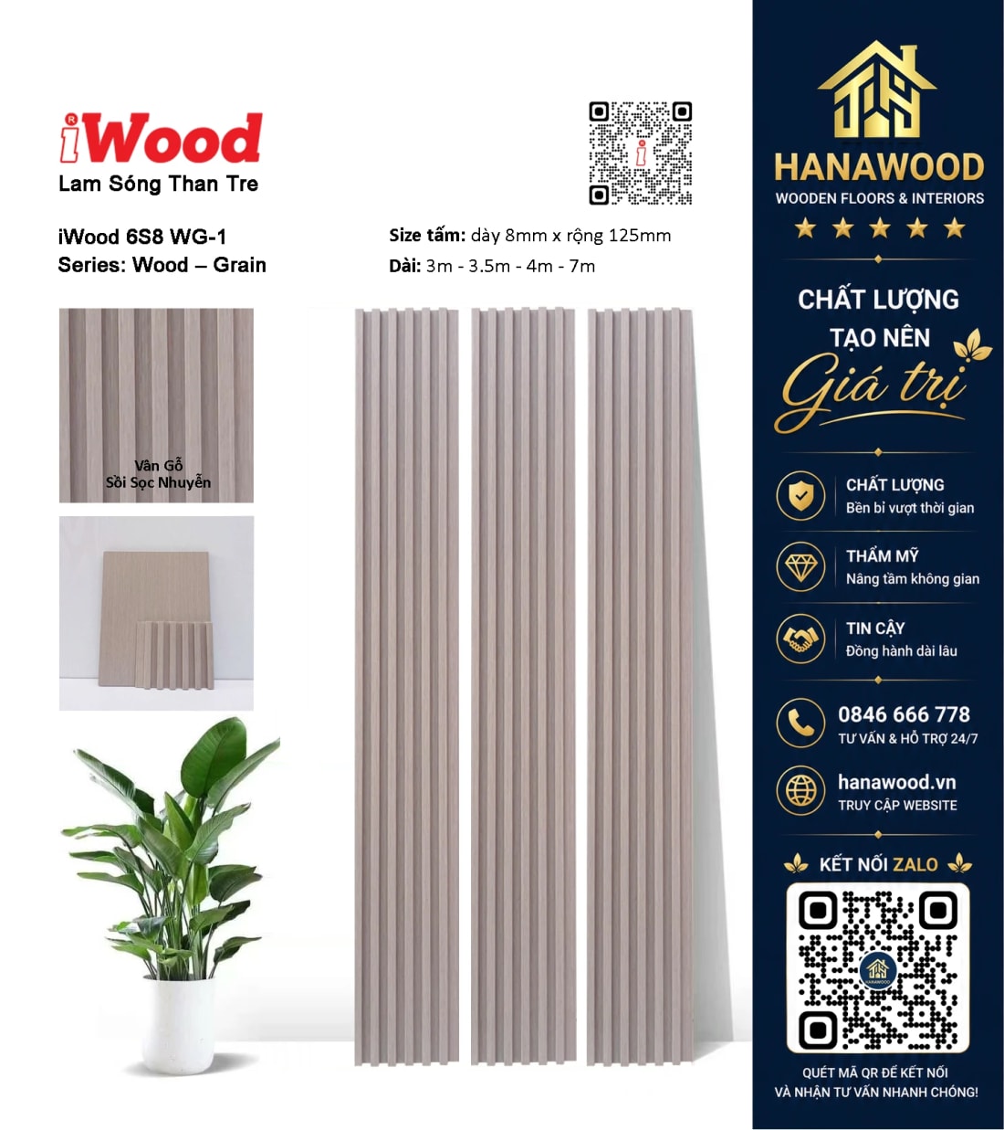 Tấm Ốp Lam Sóng Than Tre Giả Vân Gỗ Sồi iWood 6S8 WG-1 bề mặt phủ film vân gỗ tự nhiên sang trọng