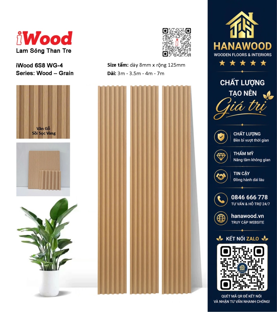 Ốp Trần Lam Sóng Than Tre Vân Gỗ Sồi Sọc Vàng iWood 6S8 WG-4 thi công nhanh chóng dễ vệ sinh