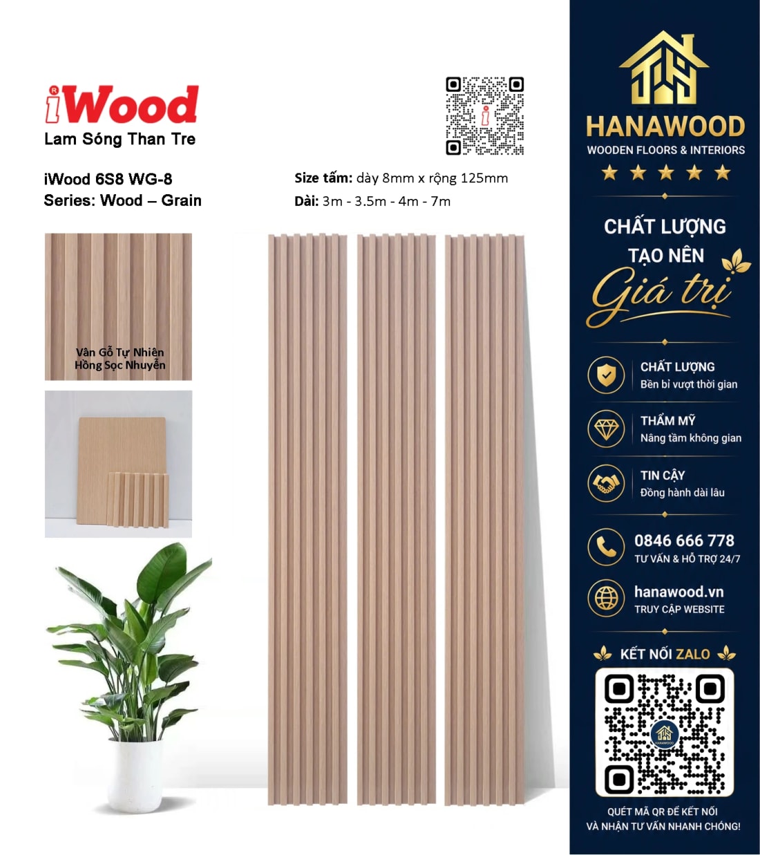 Tấm Lam Sóng Than Tre Ốp Tường Vân Gỗ Hồng Nhạt iWood 6S8 WG-8 màu sắc tinh tế nhẹ nhàng