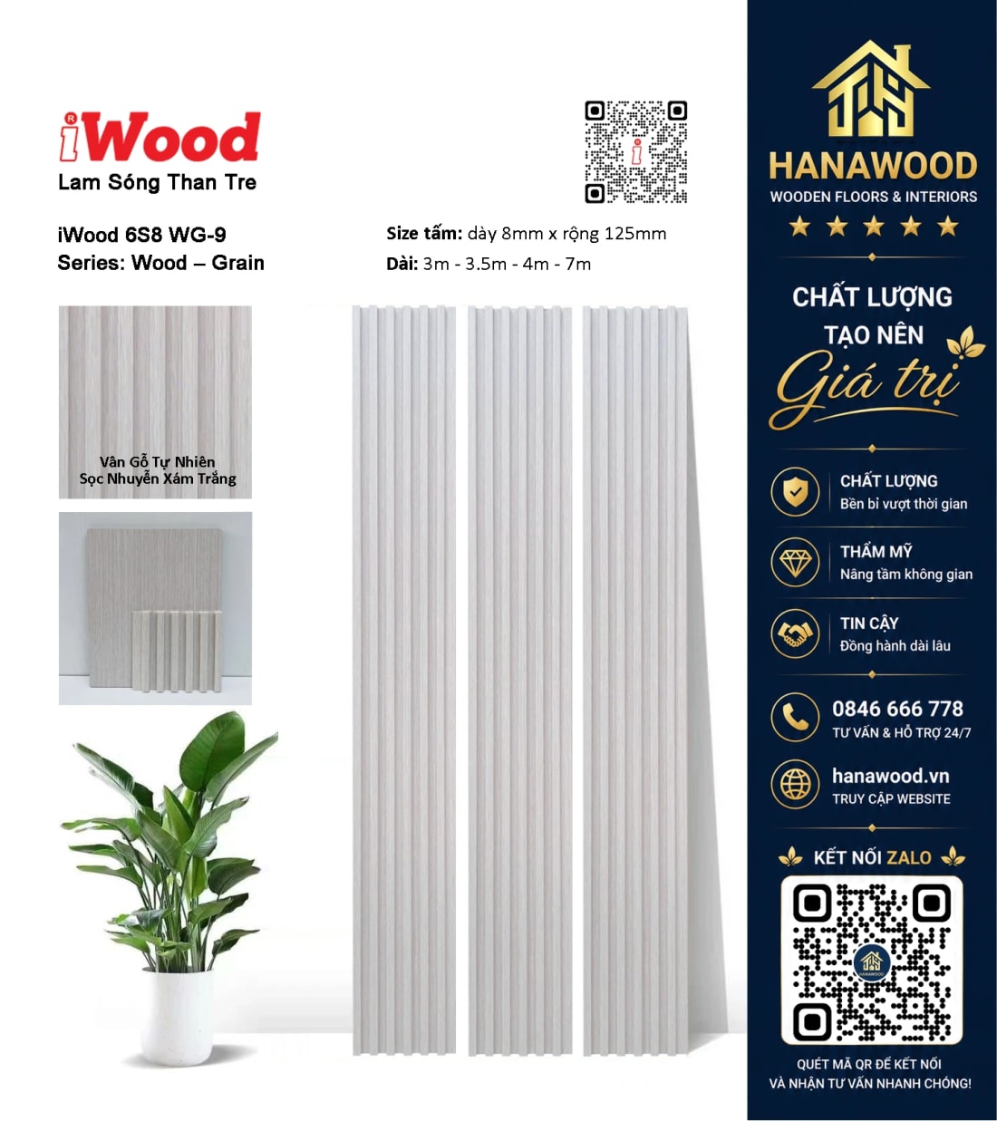 Tấm Lam Sóng Than Tre Ốp Tường Trần Vân Gỗ Xám Trắng iWood 6S8 WG-9 chống bám bụi bẩn