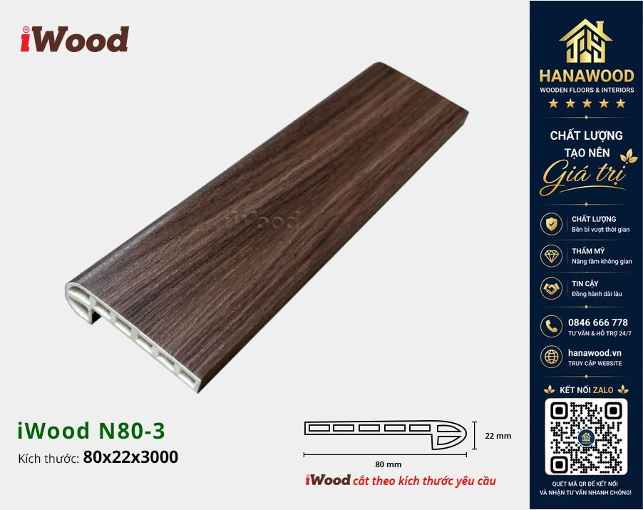 Nẹp Nhựa Cầu Thang Giả Gỗ iWood N80-3 bề mặt vân gỗ tự nhiên chống mối mọt