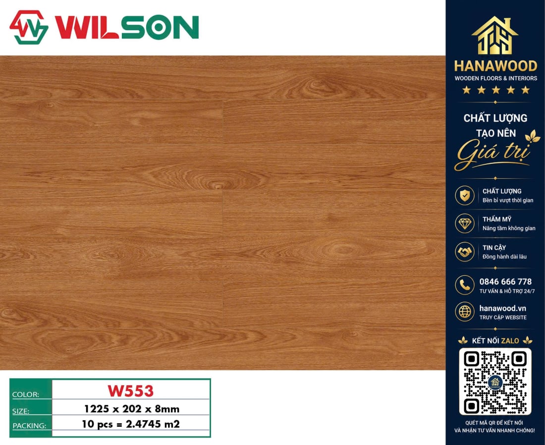 Sàn Gỗ Công Nghiệp Wilson W553 Dày 8mm cốt gỗ HDF chắc chắn chịu lực va đập