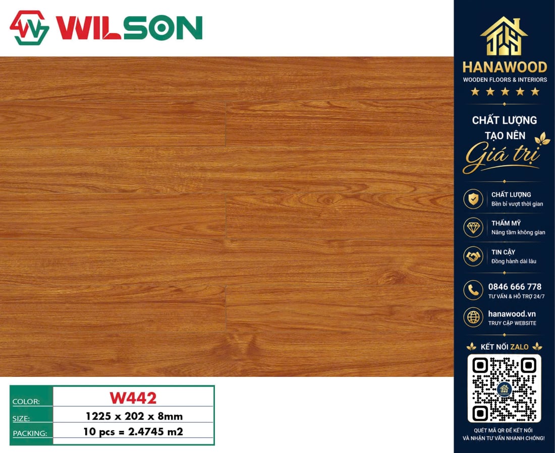 Sàn Gỗ Công Nghiệp Wilson W442 Dày 8mm bề mặt chống trơn trượt vệ sinh dễ dàng