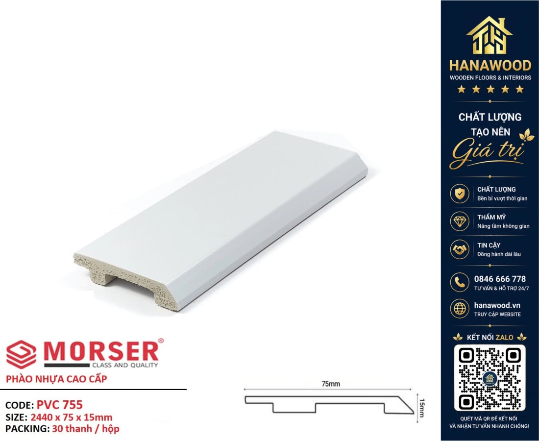 Len Chân Tường Nhựa PVC Màu Trắng Trơn Morser PVC755 Cao 75mm màu trắng hiện đại trang nhã