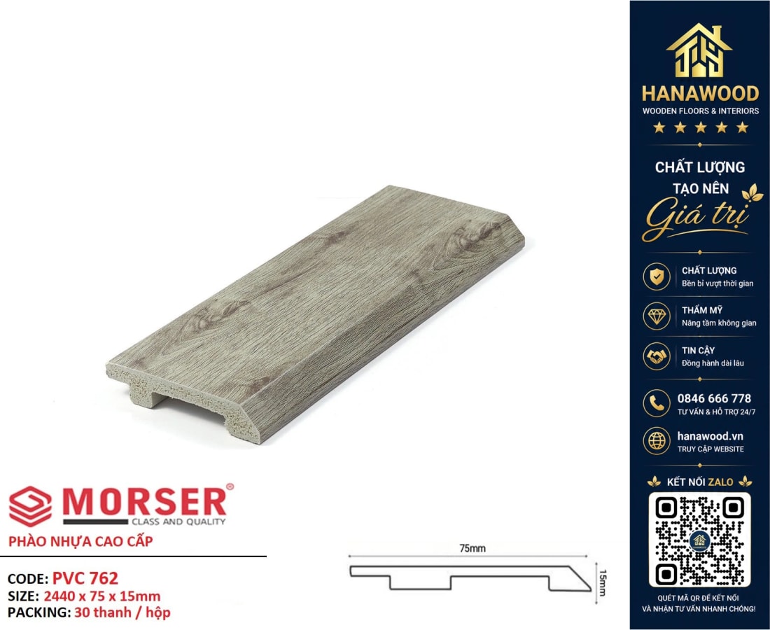 Len Chân Tường Nhựa Giả Gỗ Charmwood PVC762 Cao 75mm chống ẩm vượt trội an toàn người dùng
