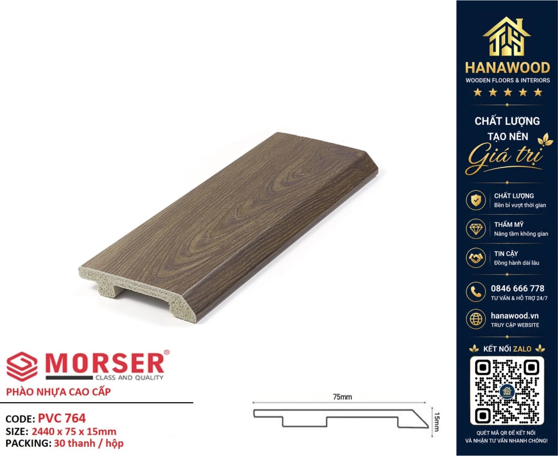 Len Chân Tường Nhựa PVC Giả Gỗ Morser PVC764 Cao 75mm màu sắc mộc mạc sang trọng hiện đại