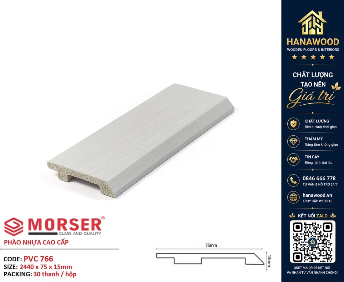 Len Chân Tường Nhựa PVC Giả Gỗ Màu Trắng Morser PVC766 Cao 75mm tone màu trắng sáng tinh tế