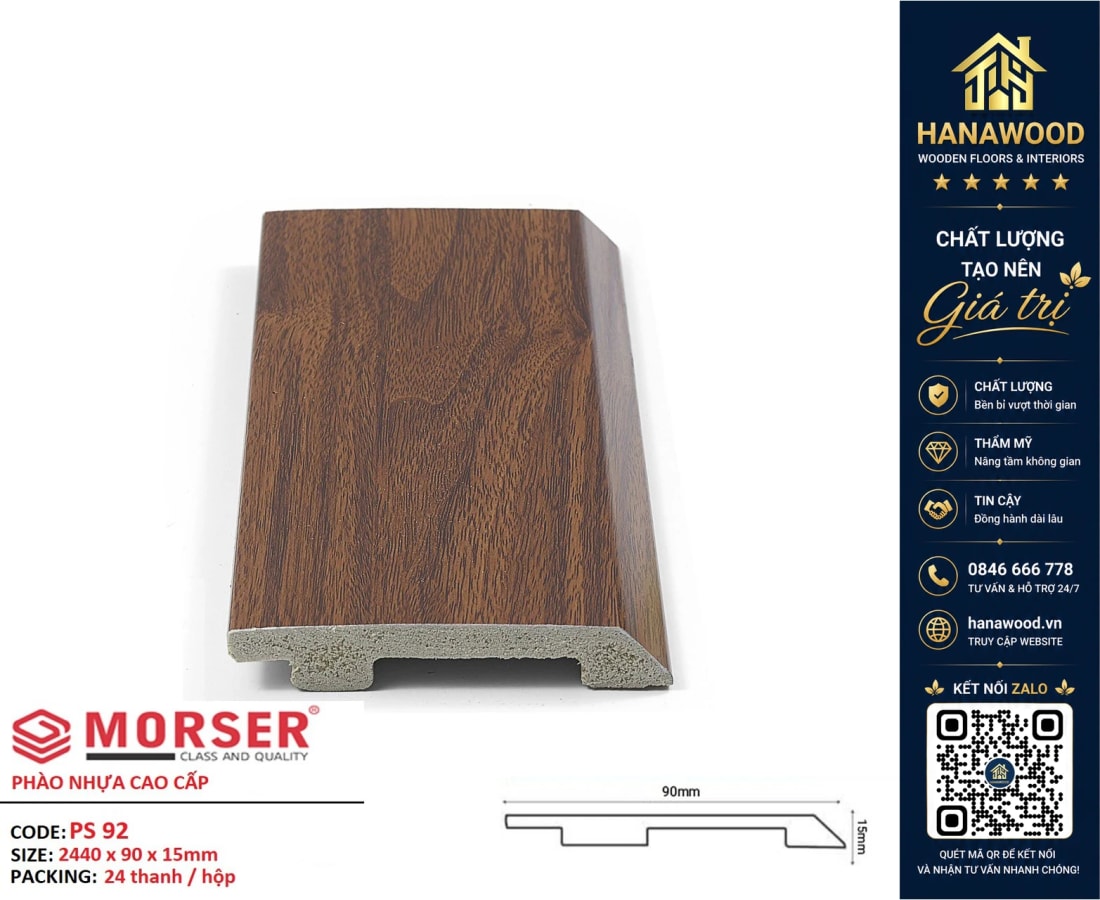 Len Nhựa Chân Tường PVC Giả Gỗ Charmwood PS92 Cao 90mm bề mặt phủ vân gỗ tự nhiên sang trọng