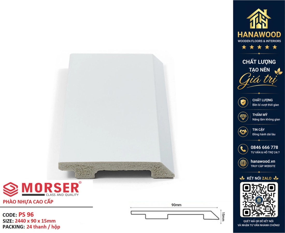 Len Chân Tường Nhựa Màu Trắng Trơn Morser PS96 Cao 90mm màu trắng sang trọng tinh tế hiện đại