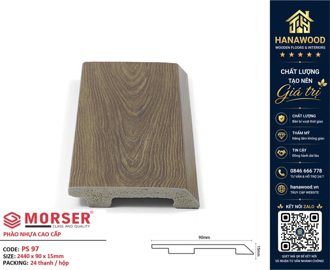 Len Nhựa Chân Tường PVC Giả Gỗ Charmwood PS97 Cao 90mm bám dính chắc chắn không bám bụi