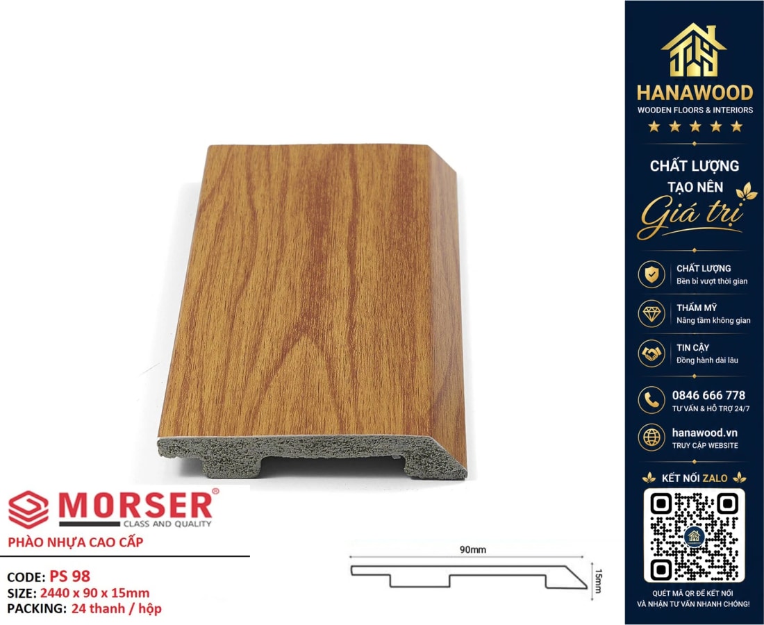 Len Chân Tường Nhựa Giả Gỗ Charmwood PS98 Cao 90mm phôi nhựa cứng cáp độ bền lâu dài