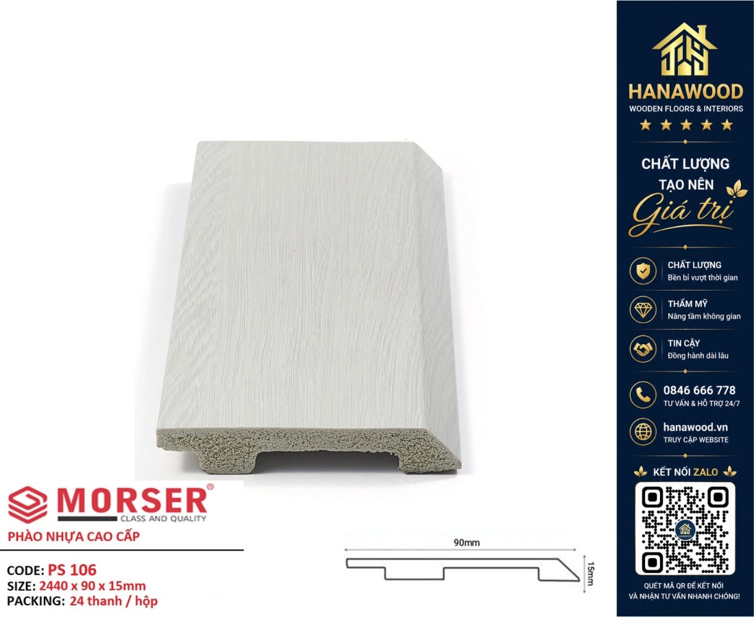 Len Nhựa Chân Tường Màu Trắng Giả Gỗ Morser PS106 Cao 90mm tone màu trắng sáng sang trọng