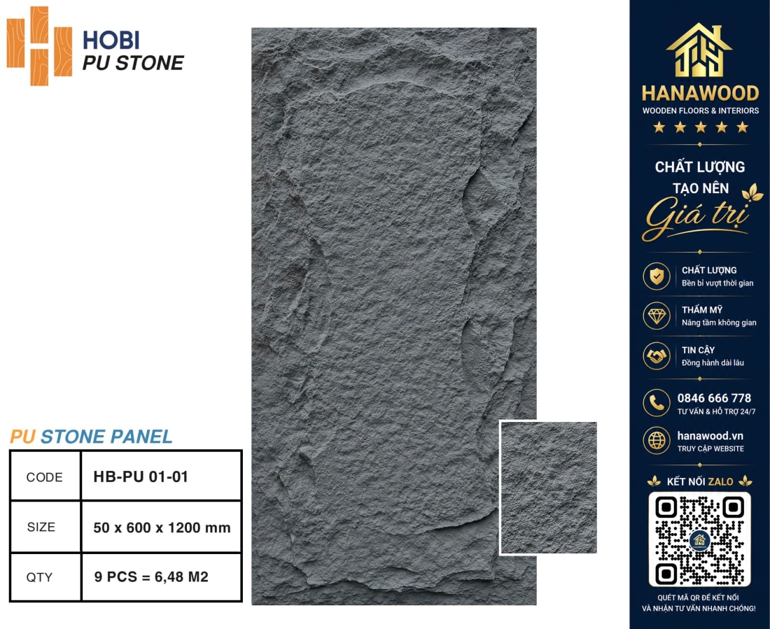 Tấm Ốp PU Giả Đá Hobiwood HB-PU01-01 chống ẩm mốc siêu nhẹ thi công nhanh