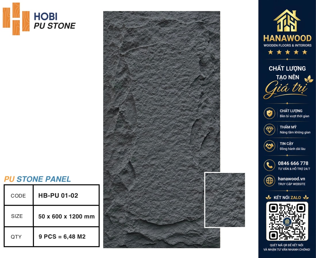 Tấm Ốp Tường PU Giả Đá Hobiwood HB-PU01-02 chống nước chịu nhiệt tốt không bám bụi