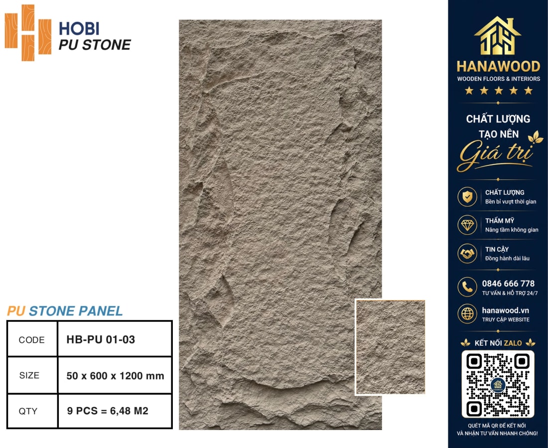 Tấm Nhựa Ốp Tường PU Giả Đá Hobiwood HB-PU01-03 độ bền cao bề mặt vân đá tự nhiên