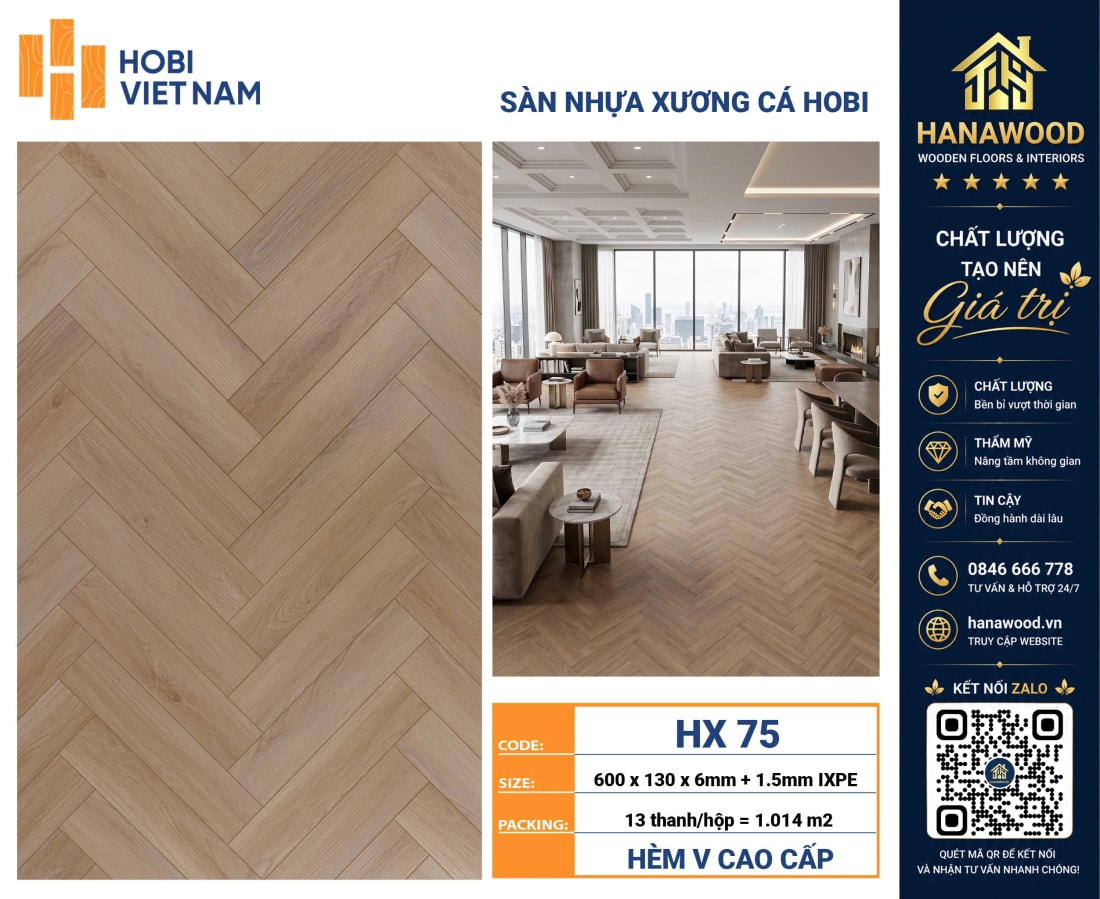 Sàn Nhựa Xương Cá HobiWood 6mm HX75 Vân Gỗ Nâu Vàng độ bền cao chống trầy xước hiệu quả