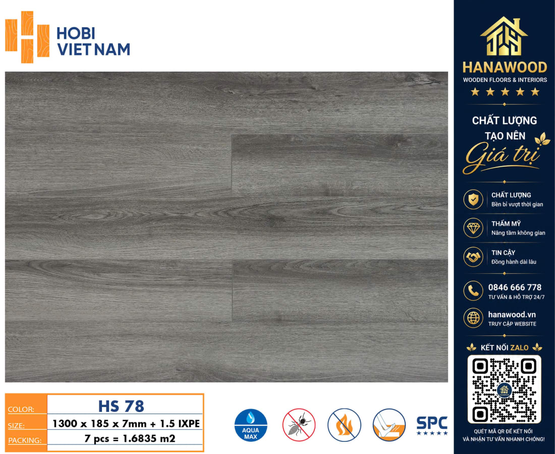 Sàn Nhựa Hèm Khoá SPC Hobiwood HS78 Dày 7mm bề mặt vân gỗ tự nhiên chống mối mọt