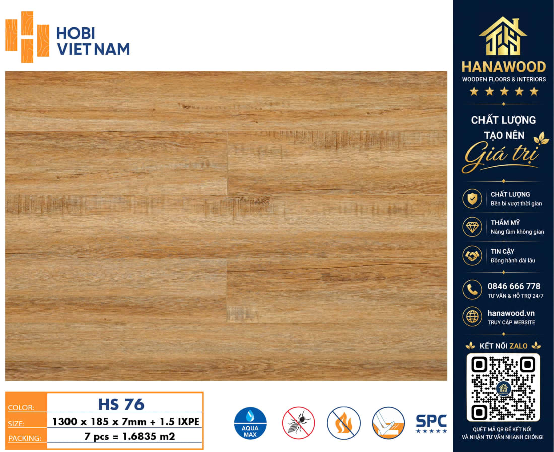 Sàn Nhựa Giả Gỗ Hèm Khóa Hobiwood HS76 Dày 7mm chống nước tuyệt đối hèm khóa liên kết khít