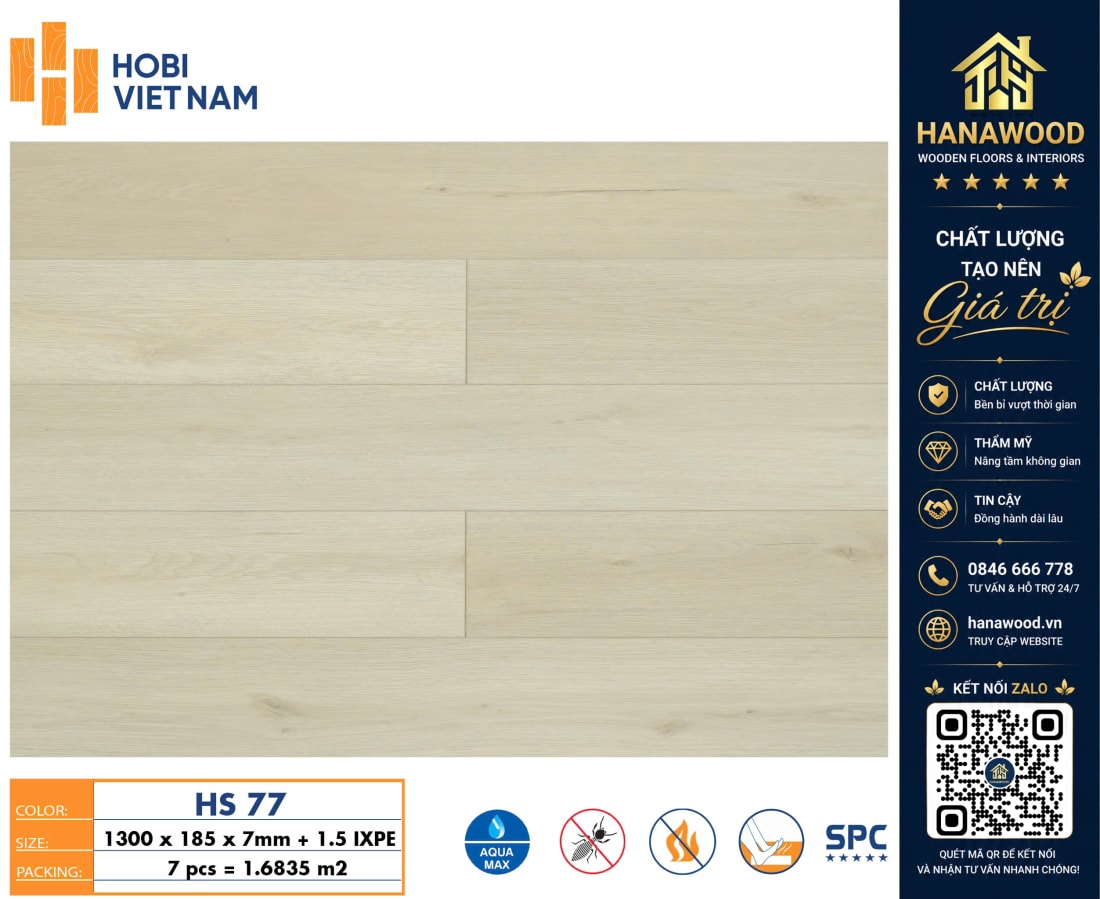 Sàn Nhựa Hèm Khóa Giả Gỗ Hobiwood HS77 Dày 7mm cốt nhựa SPC siêu bền không bám bụi