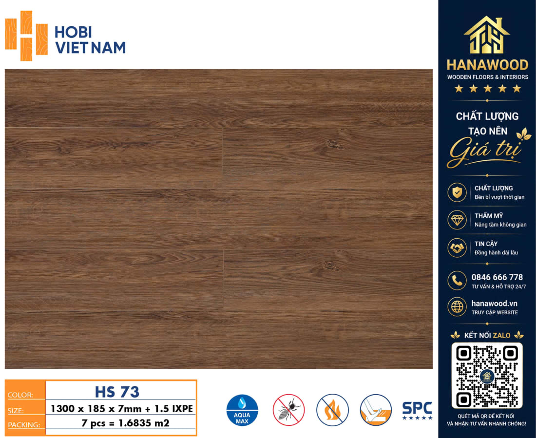 Sàn Nhựa Giả Gỗ Hèm Khoá Hobiwood HS73 Dày 7mm tone màu ấm cúng cách âm cách nhiệt tốt