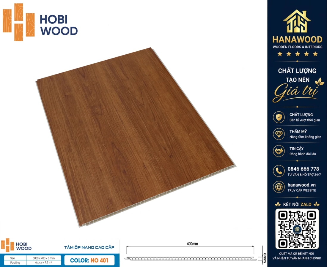 Tấm Nhựa Ốp Tường Nano Giả Gỗ HobiWood NO-401 chống ẩm mốc không cong vênh